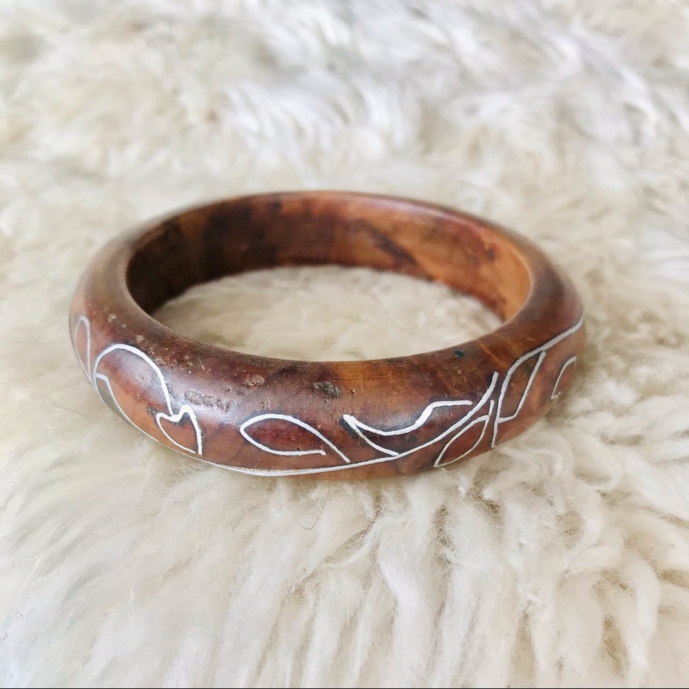 Vintage ethnic wood and silver inlay bangle